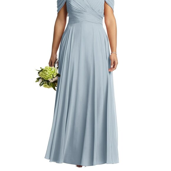 Dessy 2970....Off-the-Shoulder Draped Chiffon Maxi Dress....Mist...Size 0 - Picture 2 of 6